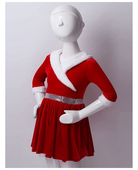 Miss Santa Costume Girls' Christmas Holiday Velvet Ruffle Tutu Ball Gown Dress and Hat Outfits Set $28.79 Kids' Costumes