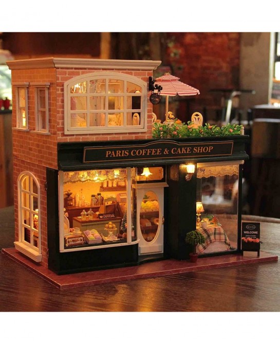 Wooden Dollhouse Miniatures DIY House Kit with Led Light and Dust Cover-Paris Coffee & Cake Shop $109.95 Dollhouses
