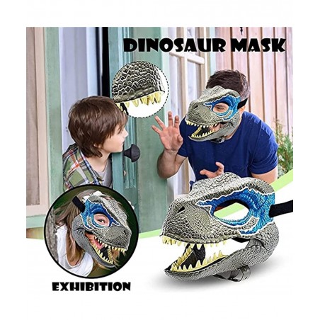 Halloween Dino Mask with Moving Jaw Raptor Dinosaur Latex Toys Mask 3D Dinosaur Mask Gift for Halloween Cosplay Costume (Gray...