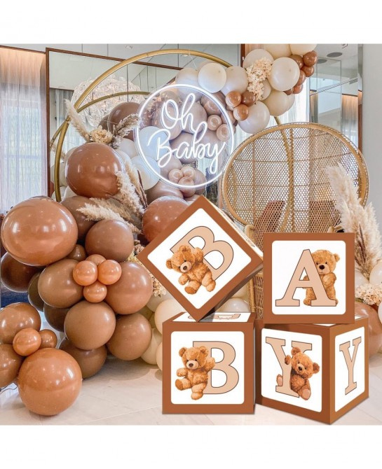 Teddy Bear Baby Shower Boxes Party Decorations - 4 Brown BABY Balloon Boxes With Teddy Bears Printed Party Boxes Baby Blocks ...