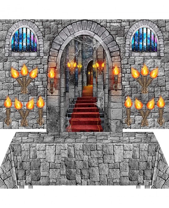 13 Pieces Medieval Party Decorations Scene Setter Set Castle Including Window Torch Plastic Brick Tablecloth Knight Themed fo...