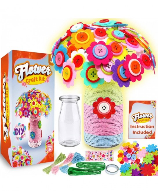GoodyKing Flower Craft Kit for Kids - Art and Craft Make Your Own Button Felt Flowers Vase Project for Boys and Girls - Schoo...
