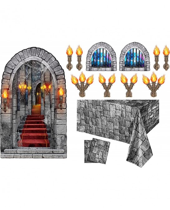 13 Pieces Medieval Party Decorations Scene Setter Set Castle Including Window Torch Plastic Brick Tablecloth Knight Themed fo...