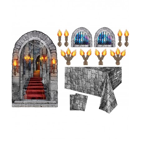 13 Pieces Medieval Party Decorations Scene Setter Set Castle Including Window Torch Plastic Brick Tablecloth Knight Themed fo...
