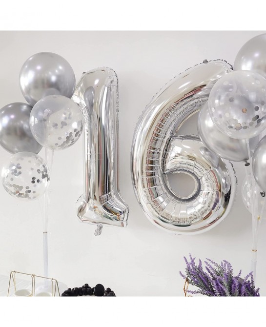 Birthday Party Balloons Decorations Set - 40 Inches Silver Number Balloons and 10pcs 12 Inches Latex Balloons Birthday Party ...