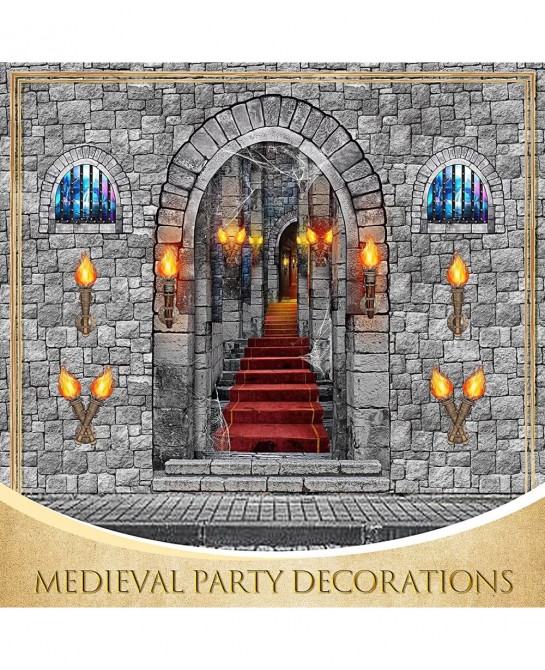 13 Pieces Medieval Party Decorations Scene Setter Set Castle Including Window Torch Plastic Brick Tablecloth Knight Themed fo...
