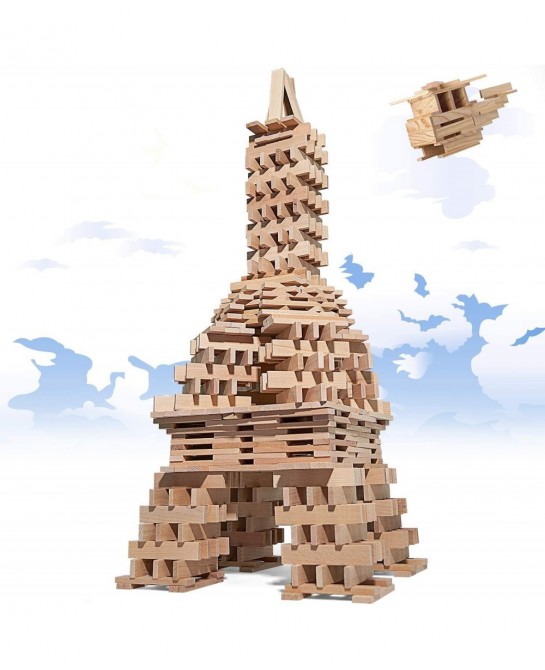 200-Pcs Wood Building Blocks for Kids Over 3 Year Old Structure Wooden Planks Set Wood Stacking Blocks Brain Builders and Con...