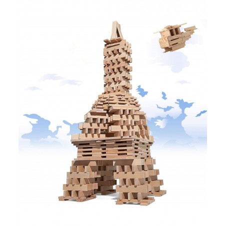 200-Pcs Wood Building Blocks for Kids Over 3 Year Old Structure Wooden Planks Set Wood Stacking Blocks Brain Builders and Con...