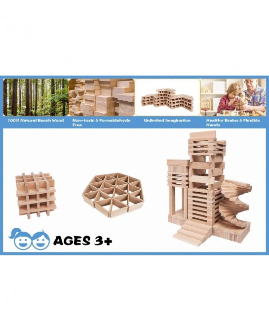 200-Pcs Wood Building Blocks for Kids Over 3 Year Old Structure Wooden Planks Set Wood Stacking Blocks Brain Builders and Con...