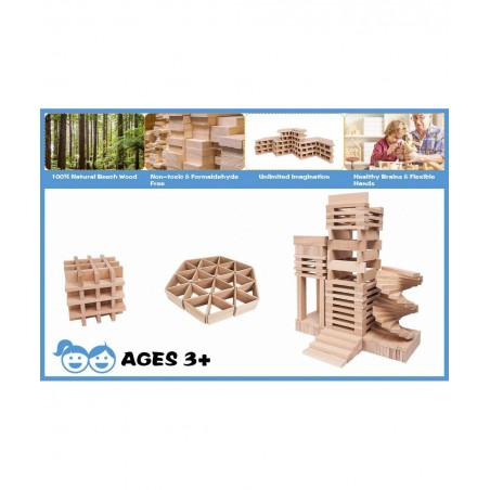 200-Pcs Wood Building Blocks for Kids Over 3 Year Old Structure Wooden Planks Set Wood Stacking Blocks Brain Builders and Con...