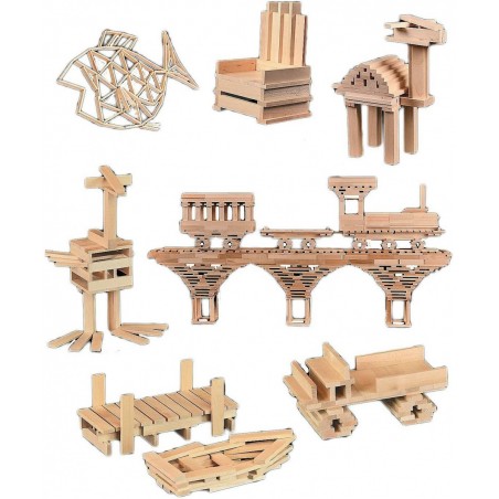 200-Pcs Wood Building Blocks for Kids Over 3 Year Old Structure Wooden Planks Set Wood Stacking Blocks Brain Builders and Con...