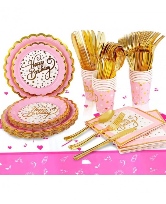 Pink and Gold Disposable Party Dinnerware Set 20 Guest -141PCS with Paper Plates Napkins 9oz Cups Plastic Silverware( Forks K...