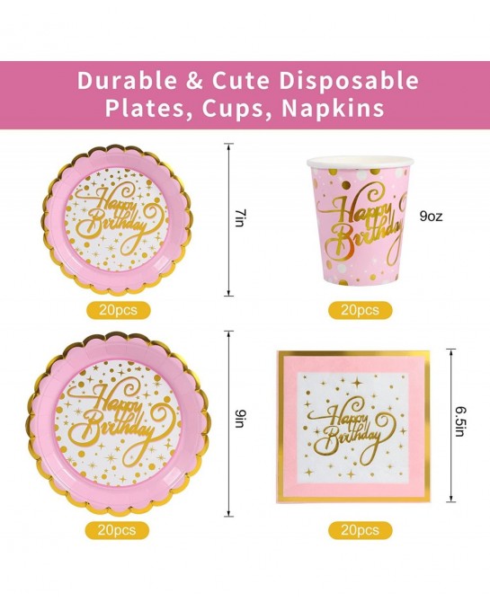 Pink and Gold Disposable Party Dinnerware Set 20 Guest -141PCS with Paper Plates Napkins 9oz Cups Plastic Silverware( Forks K...