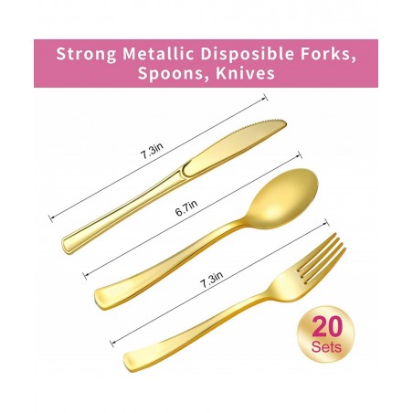 Pink and Gold Disposable Party Dinnerware Set 20 Guest -141PCS with Paper Plates Napkins 9oz Cups Plastic Silverware( Forks K...