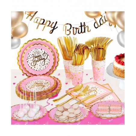 Pink and Gold Disposable Party Dinnerware Set 20 Guest -141PCS with Paper Plates Napkins 9oz Cups Plastic Silverware( Forks K...