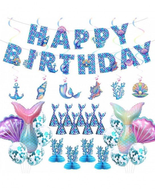 Mermaid Party Decorations Mermaid Birthday Decorations with Happy Birthday Banner/Balloons Photo Prop/Hanging Swirl Decors (B...