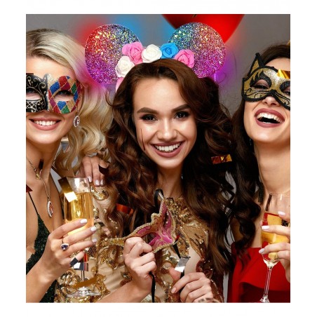LED Floral Mouse Ears Light Up Head Band Glitter Rose Gold Hair Flower Accessory Costume Headpiece Party Pretend Play Dress U...
