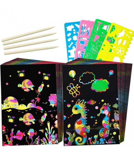 Rainbow Scratch Paper Art Set 59 PCS Black Drawing Paper Off Art Crafts Kits Includes 50 Pcs Scratch Paper 5 Stylus 4 Stencil...