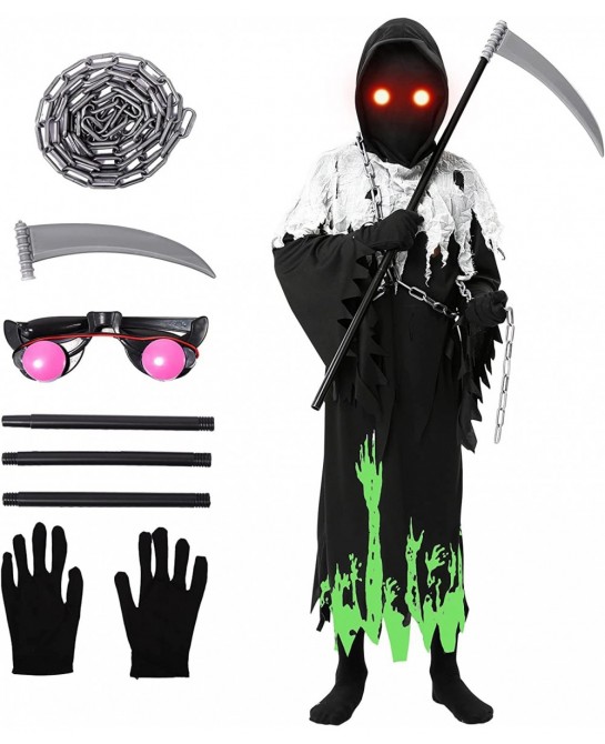 Grim Reaper Costume for boys and Kids Halloween Creepy Phantom Costume with Glowing Red Eyes Scythe Included Luminous Robe $3...