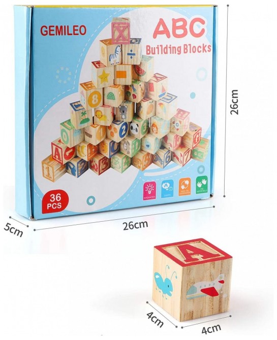 Wooden ABC Toy Building Blocks for Toddlers 1-3 36 PCS Wood Baby Alphabet Number Blocks for Stacking Learning Preschool Educa...