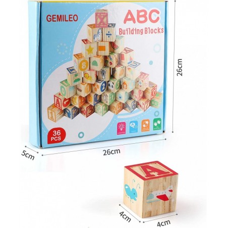 Wooden ABC Toy Building Blocks for Toddlers 1-3 36 PCS Wood Baby Alphabet Number Blocks for Stacking Learning Preschool Educa...
