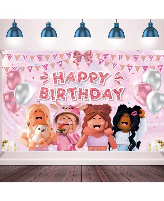 Girl Game Party Birthday Banner Sandbox Game Party Supplies Decorations Pink Girl Robot Blocks Backdrop (6FTx4FT) $27.28 Kids...