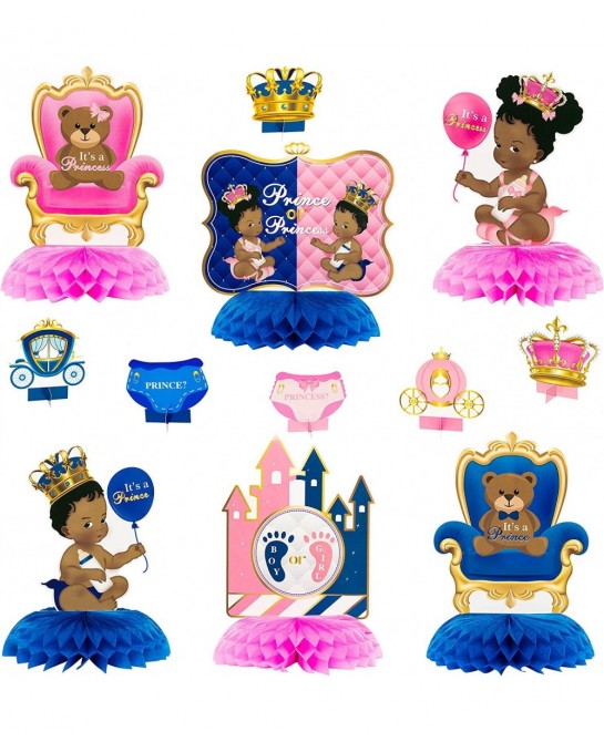 12Pcs African American Baby Gender Reveal Honeycomb Centerpieces Royal Prince or Princess Baby?Shower Boy or Girl Gender Reve...