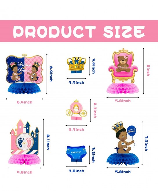 12Pcs African American Baby Gender Reveal Honeycomb Centerpieces Royal Prince or Princess Baby?Shower Boy or Girl Gender Reve...