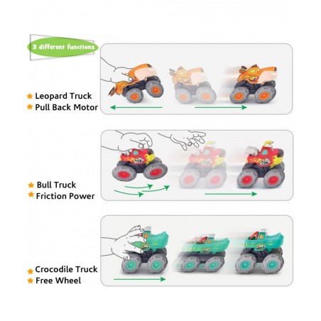 Toy Cars for 1 2 3 Year Old Boys 3 Pack Friction Powered Cars Pull Back Toy Cars Set - Bull Truck Leopard Truck Crocodile Tru...