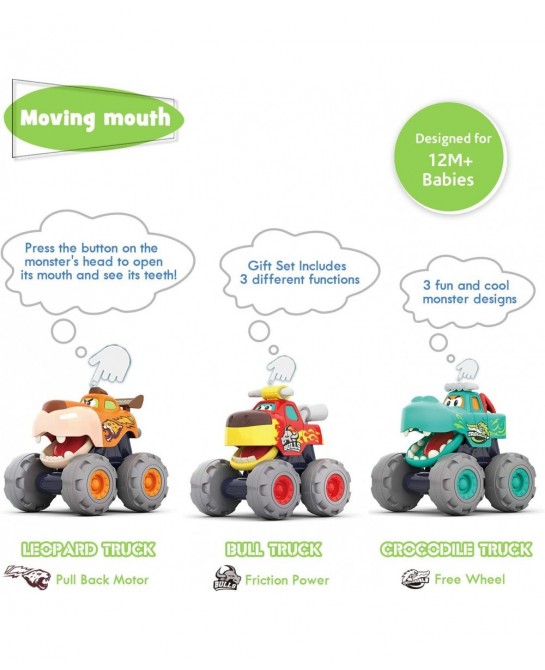 Toy Cars for 1 2 3 Year Old Boys 3 Pack Friction Powered Cars Pull Back Toy Cars Set - Bull Truck Leopard Truck Crocodile Tru...
