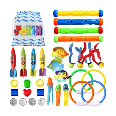 32 Pcs Diving Pool Toys Set with Bonus Storage Bag Includes Diving Rings Diving Sticks Toypedo Bandits Diving Toy Balls Octop...