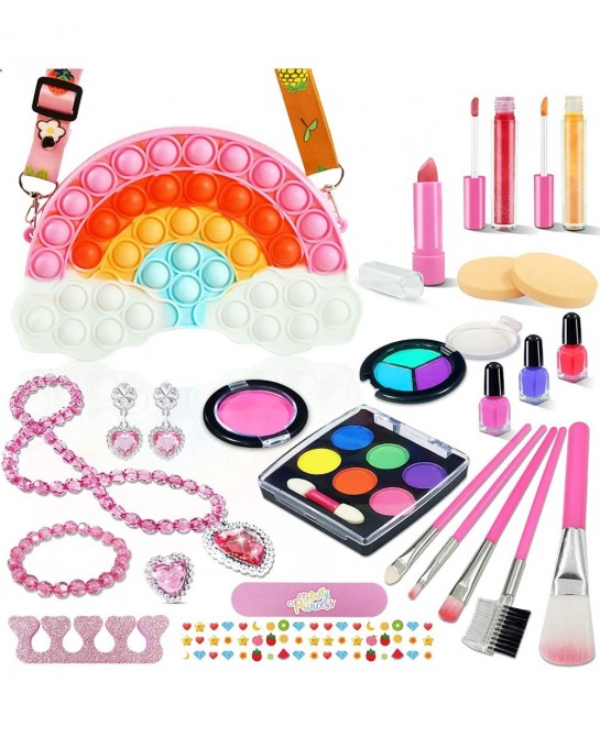 32Pcs Kids Real Washable Makeup Kit Girls Toys with Push Bubble Pop Shoulder Bag for Toddler Kids Girl Children Birthday Toys...