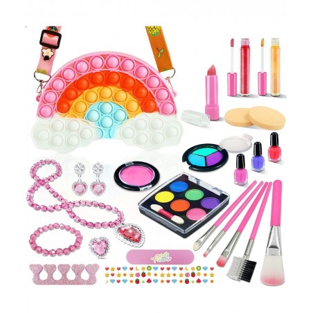 32Pcs Kids Real Washable Makeup Kit Girls Toys with Push Bubble Pop Shoulder Bag for Toddler Kids Girl Children Birthday Toys...