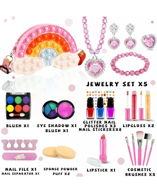 32Pcs Kids Real Washable Makeup Kit Girls Toys with Push Bubble Pop Shoulder Bag for Toddler Kids Girl Children Birthday Toys...