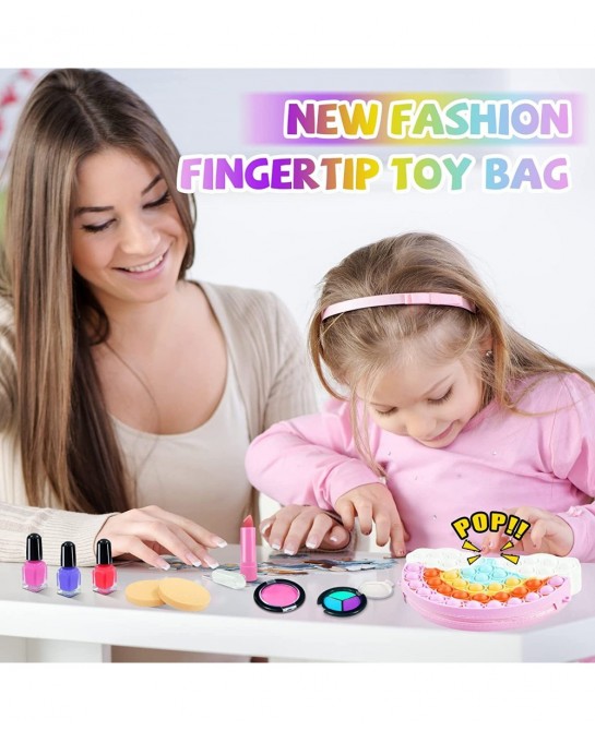 32Pcs Kids Real Washable Makeup Kit Girls Toys with Push Bubble Pop Shoulder Bag for Toddler Kids Girl Children Birthday Toys...