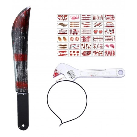 Halloween Purge Weapon Fake Machete with Fake Blood Jason Voorhees Costume Prop and Fake Spanner with Fake Blood Headband Add...