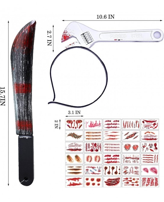 Halloween Purge Weapon Fake Machete with Fake Blood Jason Voorhees Costume Prop and Fake Spanner with Fake Blood Headband Add...