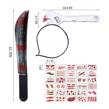 Halloween Purge Weapon Fake Machete with Fake Blood Jason Voorhees Costume Prop and Fake Spanner with Fake Blood Headband Add...