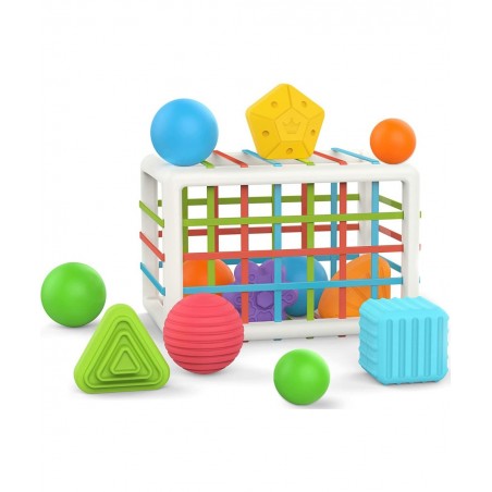 Baby Shape Sorting Toy - Sensory Sorting Bin with Elastic Bands with Colorful Cube and 6 Pcs Multi Sensory Shape Early Learni...