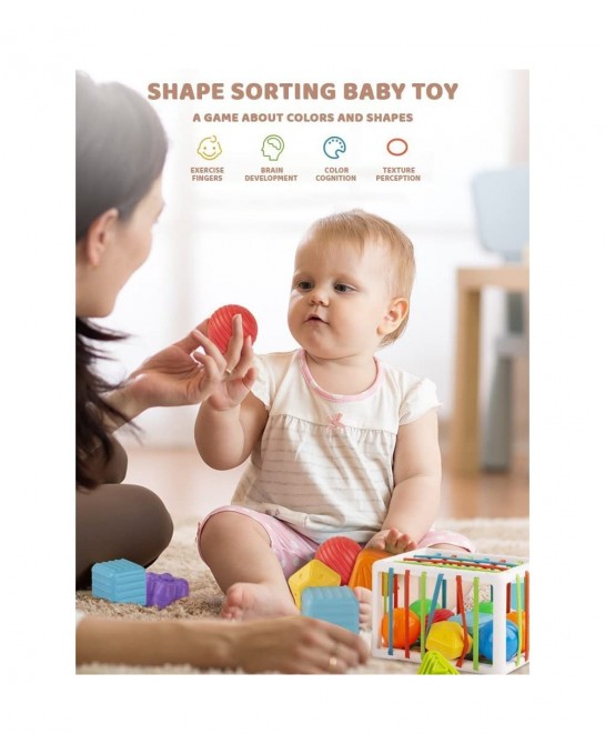 Baby Shape Sorting Toy - Sensory Sorting Bin with Elastic Bands with Colorful Cube and 6 Pcs Multi Sensory Shape Early Learni...