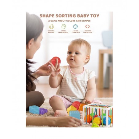 Baby Shape Sorting Toy - Sensory Sorting Bin with Elastic Bands with Colorful Cube and 6 Pcs Multi Sensory Shape Early Learni...