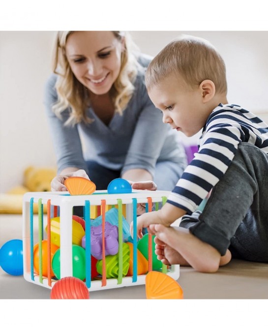 Baby Shape Sorting Toy - Sensory Sorting Bin with Elastic Bands with Colorful Cube and 6 Pcs Multi Sensory Shape Early Learni...