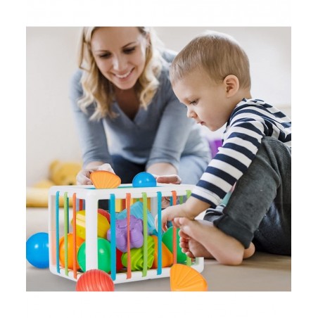 Baby Shape Sorting Toy - Sensory Sorting Bin with Elastic Bands with Colorful Cube and 6 Pcs Multi Sensory Shape Early Learni...
