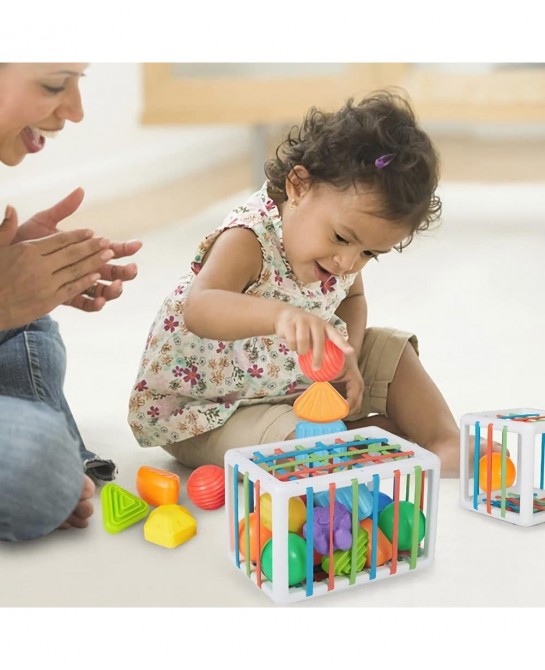 Baby Shape Sorting Toy - Sensory Sorting Bin with Elastic Bands with Colorful Cube and 6 Pcs Multi Sensory Shape Early Learni...