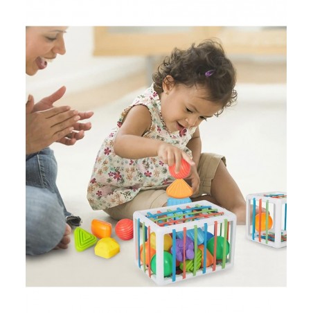 Baby Shape Sorting Toy - Sensory Sorting Bin with Elastic Bands with Colorful Cube and 6 Pcs Multi Sensory Shape Early Learni...