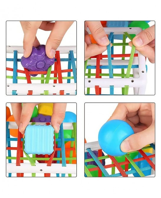 Baby Shape Sorting Toy - Sensory Sorting Bin with Elastic Bands with Colorful Cube and 6 Pcs Multi Sensory Shape Early Learni...