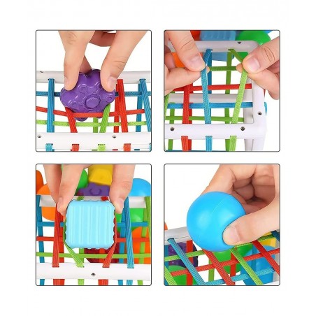 Baby Shape Sorting Toy - Sensory Sorting Bin with Elastic Bands with Colorful Cube and 6 Pcs Multi Sensory Shape Early Learni...