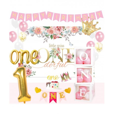 GERPARPY First Birthday Decorations Girl - Baby First One Year Old Girl Party Supplies Include Backdrop Crown Banner High Cha...