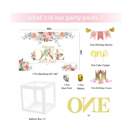 GERPARPY First Birthday Decorations Girl - Baby First One Year Old Girl Party Supplies Include Backdrop Crown Banner High Cha...