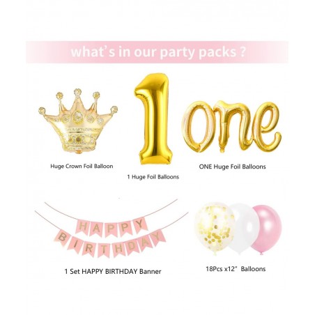 GERPARPY First Birthday Decorations Girl - Baby First One Year Old Girl Party Supplies Include Backdrop Crown Banner High Cha...